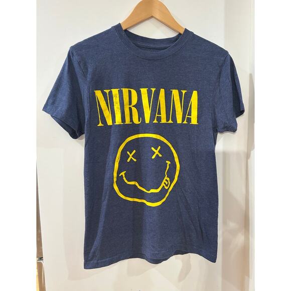 Nirvana Soft Yellow Classic Smiley Face Logo T-Shirt Graphic Women’s Small Blue - Picture 1 of 5